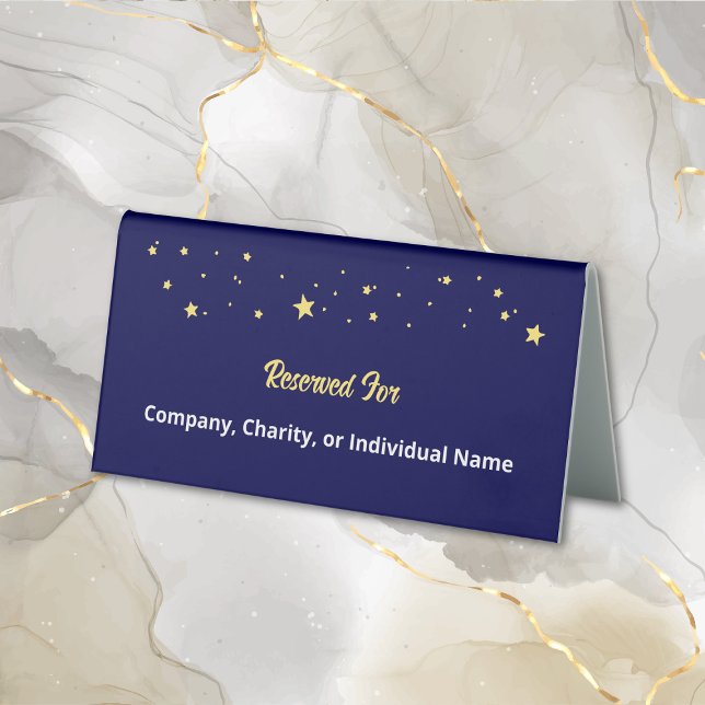Gala Event Elegant Navy Blue Gold Stars Reserved Table Tent (Reserved Table Tent Sign with Gold Stars for Gala Event, Fundraiser, Benefit, Charity Gala Ball.)