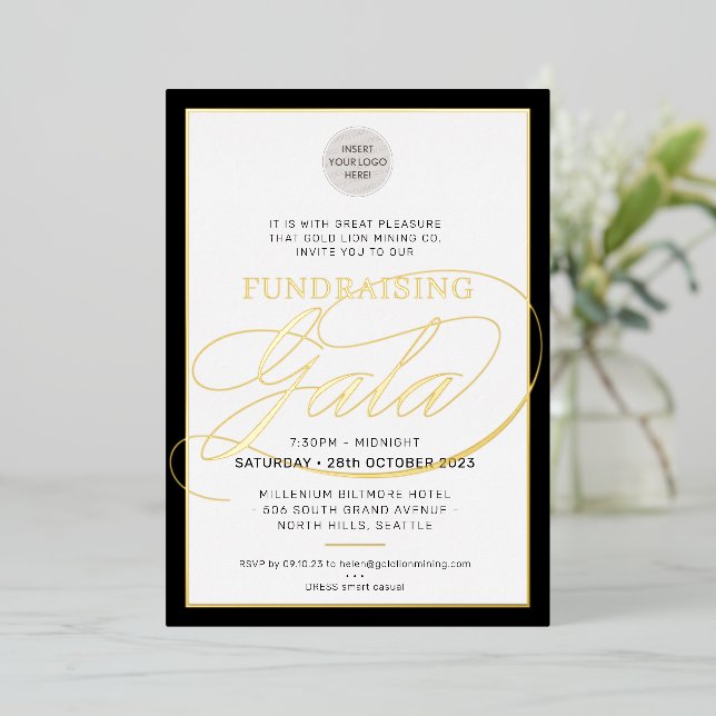 GALA FUNDRAISER modern logo calligraphy black gold Foil Invitation (Standing Front)