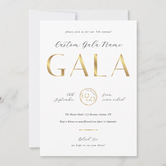 Gala Night White & Gold Logo Business Fundraiser Invitation (Front)
