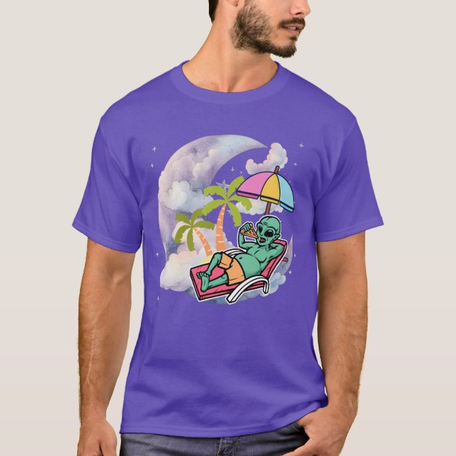 Galactic Alien Relaxing with Pizza T-Shirt (Front)