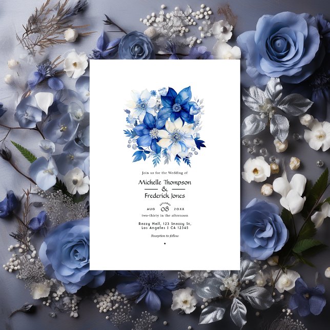 Galactic Cobalt and Silver Floral Wedding Invitation (Creator Uploaded)