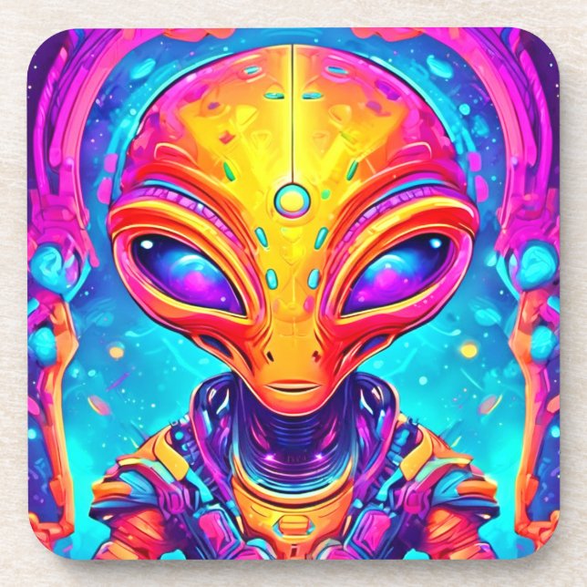Galactic Cyborg Alien with Neon Glow Beverage Coaster (Front)