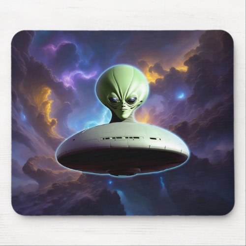 Galactic Encounter Green Alien Head UFO Adventure Mouse Pad