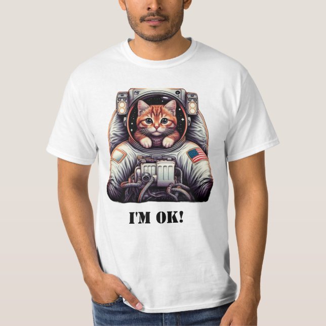 Galactic Meowventure: Funny Astronaut Cat T-Shirt (Front)