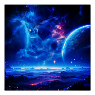 Galactic Oasis: Blue Nebula Stellar Landscape Poster