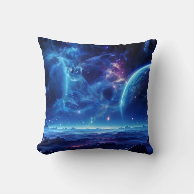 Galactic Oasis: Blue Nebula Stellar Landscape  Throw Pillow (Front)