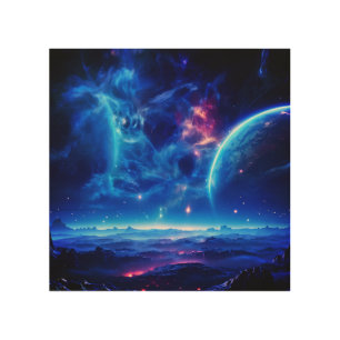 Galactic Oasis: Blue Nebula Stellar Landscape Wood Wall Art