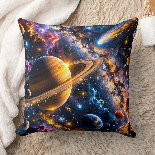 Galactic Odyssey deep space nebula and Saturn look Throw Pillow (Blanket)