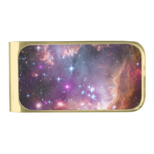Galactic Outer Space Purple Nebulae Gold Finish Money Clip