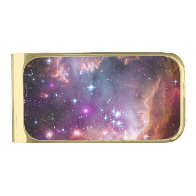Galactic Outer Space Purple Nebulae Gold Finish Money Clip (Front)