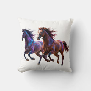 Galactic Running Neon Mystic Horses Pair Fantasy Throw Pillow