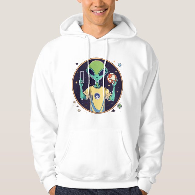 Galactic Selfie Explorer - Minimalist Alien Hoodie (Front)