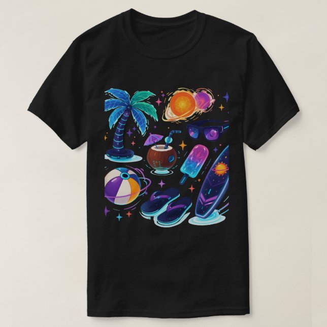 Galactic Summer Vibes T-Shirt – Futuristic Neon  (Design Front)