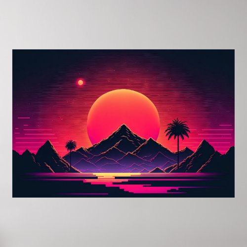 Galactic Vista Neon Mountain Oasis Poster