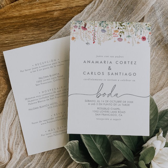 Galant Wildflower Spanish Front & Back Wedding Invitation (Creator Uploaded)