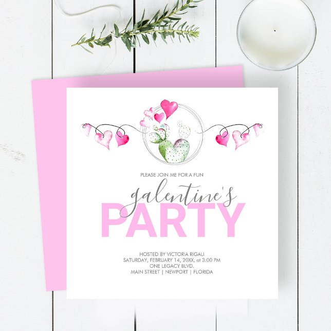 Galantines Birthday Invitations Online (Galentines party invite watercolor pink hearts and cactus by Victoria Grigaliunas of Do Tell A Belle)