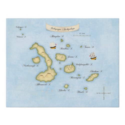 Galapagos Archipelago Map with Sailing Ships Faux Canvas Print