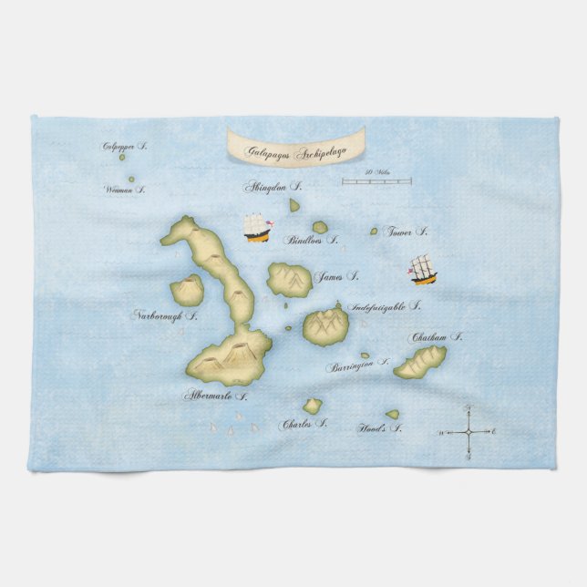 Galapagos Archipelago Nautical Map With Ships Kitc Kitchen Towel (Horizontal)