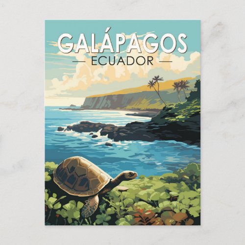 Galapagos Islands Giant Tortoise Travel Art Retro Postcard
