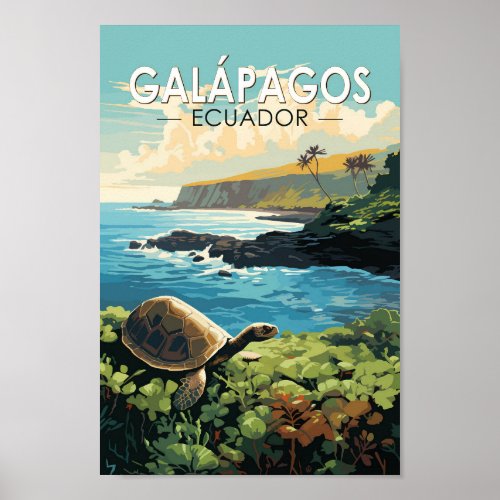 Galapagos Islands Giant Tortoise Travel Art Retro Poster