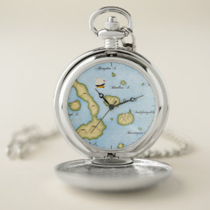 Galapagos Islands Sea Map Nautical Compass Design Pocket Watch