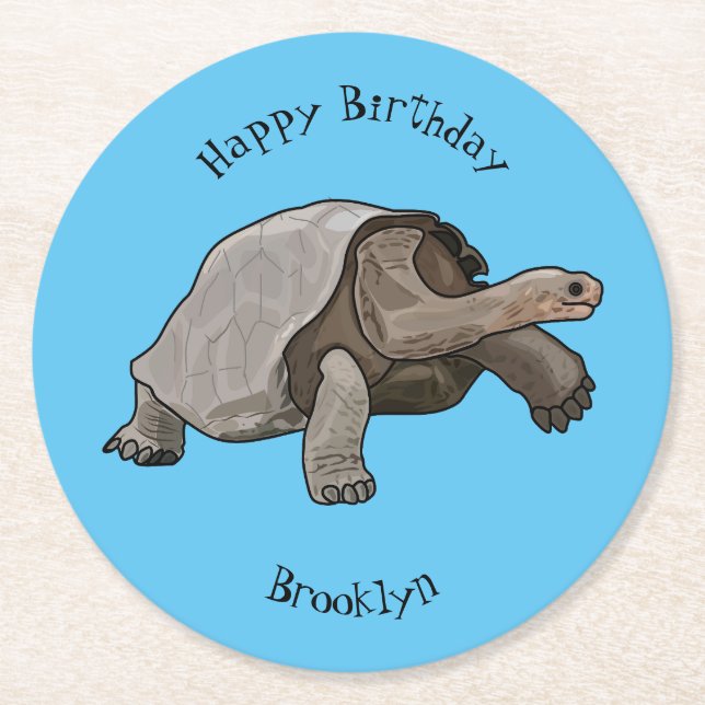 Galapagos tortoise cartoon illustration round paper coaster (Front)
