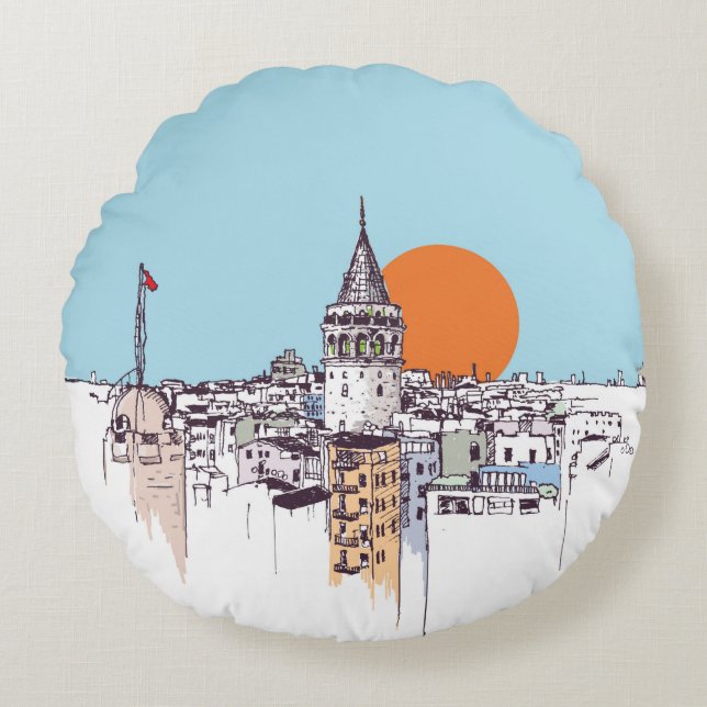 Galata Tower and Galata district of Beyoglu Istanb Round Pillow (Front)
