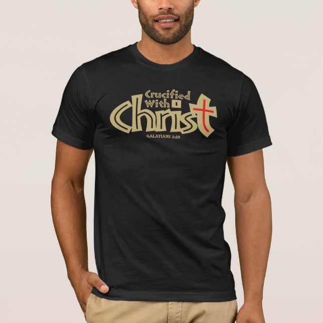 Galatians 2:20 on dark tee shirt. (Front)