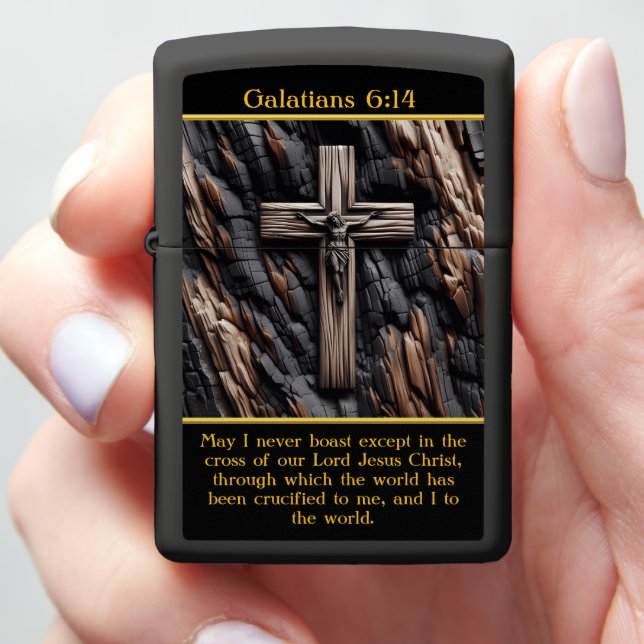 Galatians 6:14 Cross Carved Into Burnt Wood  Zippo Lighter (In Hand)