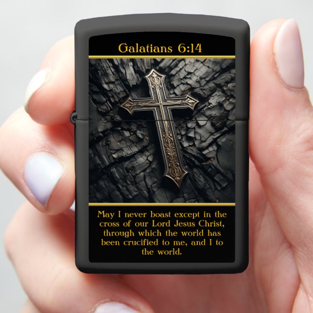 Galatians 6:14 Faith Engraved Rustic Wood Zippo Lighter (In Hand)