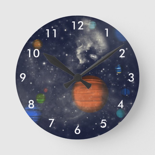Galaxies with stars and planets in space round clock (Front)