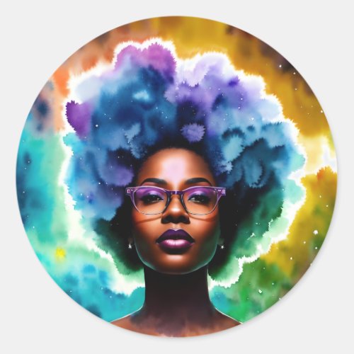  Galaxy Afro Black Woman In Glasses Classic Round Sticker