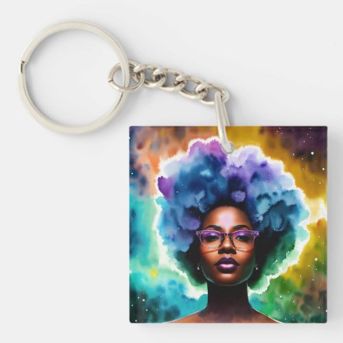  Galaxy Afro Black Woman In Glasses Keychain