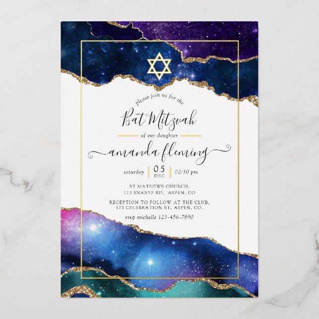Galaxy Agate Bat Mitzvah  Foil Invitation (Front)