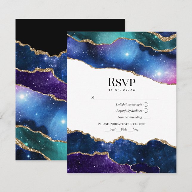 Galaxy Agate Faux Glitter Celestial Wedding RSVP Card (Front/Back)