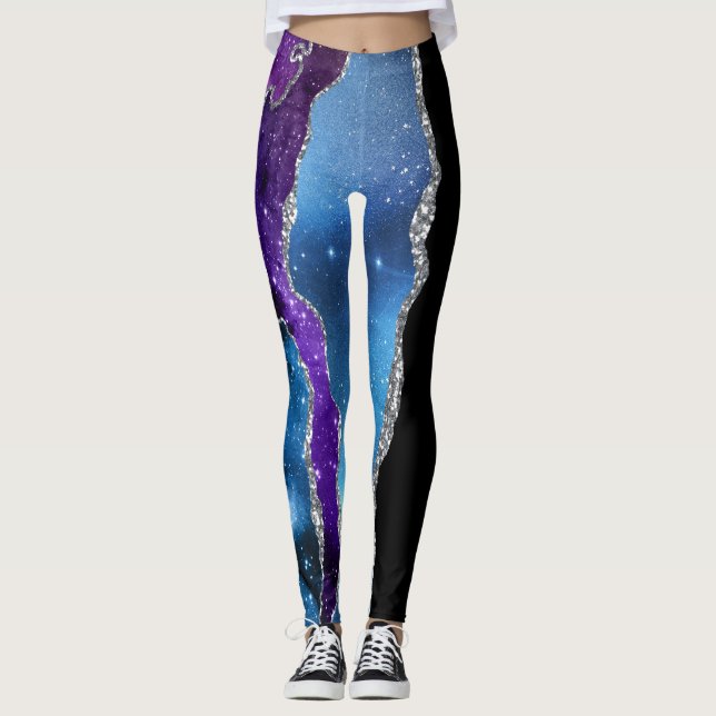 Galaxy Agate Marble Glitter Purple Blue Pink Leggings (Front)