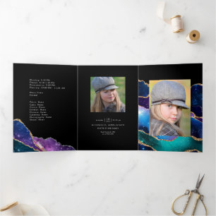 Galaxy Agate Quinceañera Photo Tri-Fold Invitation
