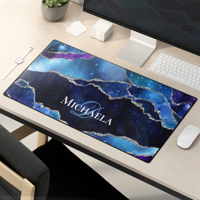 Galaxy Agate Silver Glitter Outer Space Monogram Desk Mat (Creator Uploaded)