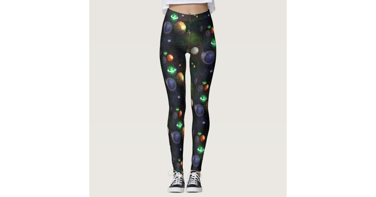 Galaxy and planets on black background leggings