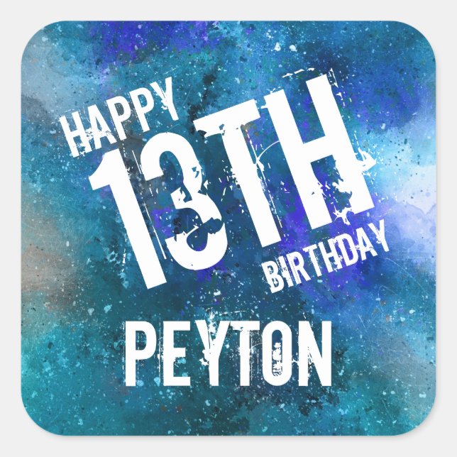 Galaxy Aqua Blue Watercolor Personalized Birthday Square Sticker (Front)