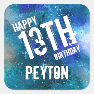 Galaxy Aqua Blue Watercolor Personalized Birthday Square Sticker
