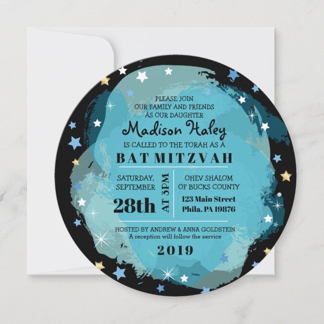GALAXY Aqua Gold Stars Bar Bat Mitzvah Invitation (Front)