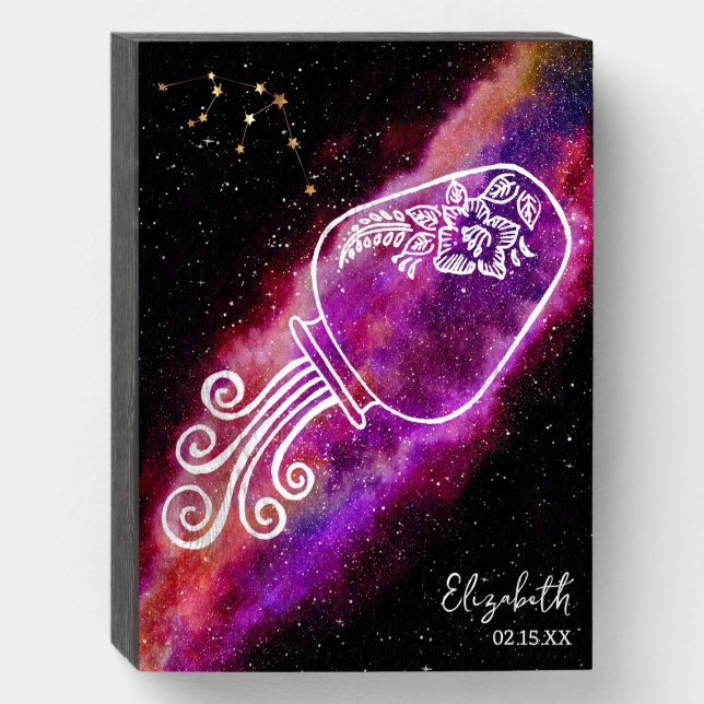 Galaxy Aquarius Personalized Name Zodiac Wooden Box Sign (Front Vertical)
