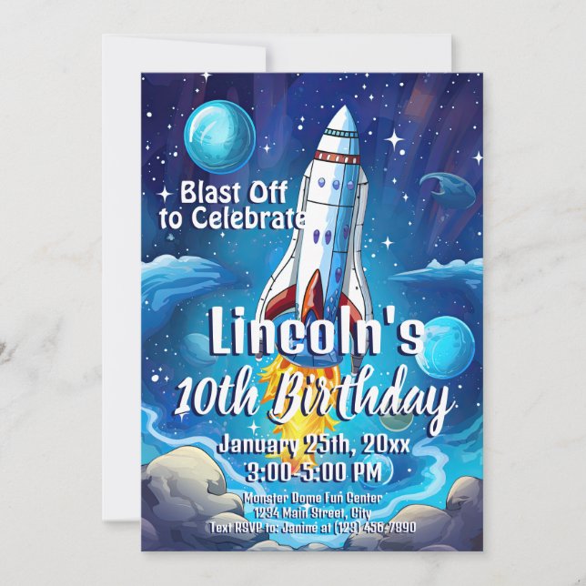 Galaxy Astronaut Space Shuttle Rocketship Birthday Invitation (Front)