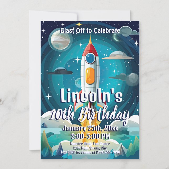 Galaxy Astronaut Space Shuttle Rocketship Birthday Invitation (Front)