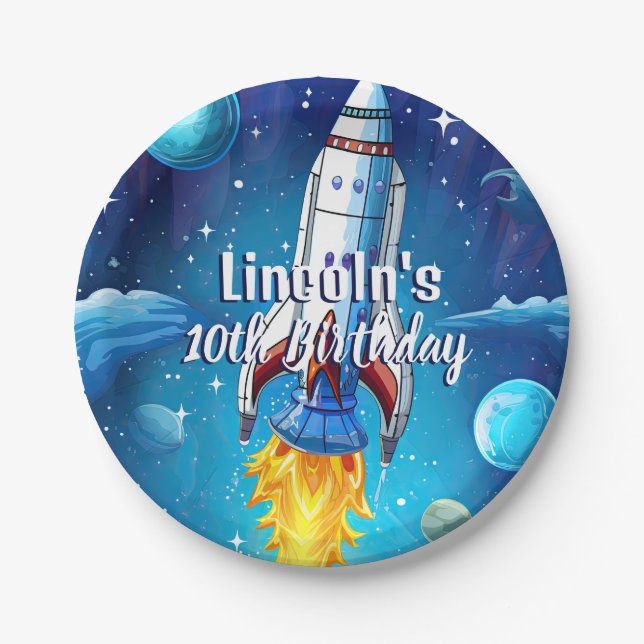 Galaxy Astronaut Space Shuttle Rocketship Birthday Paper Plates (Front)