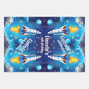 Galaxy Astronaut Space Shuttle Rocketship Birthday Wrapping Paper Sheets