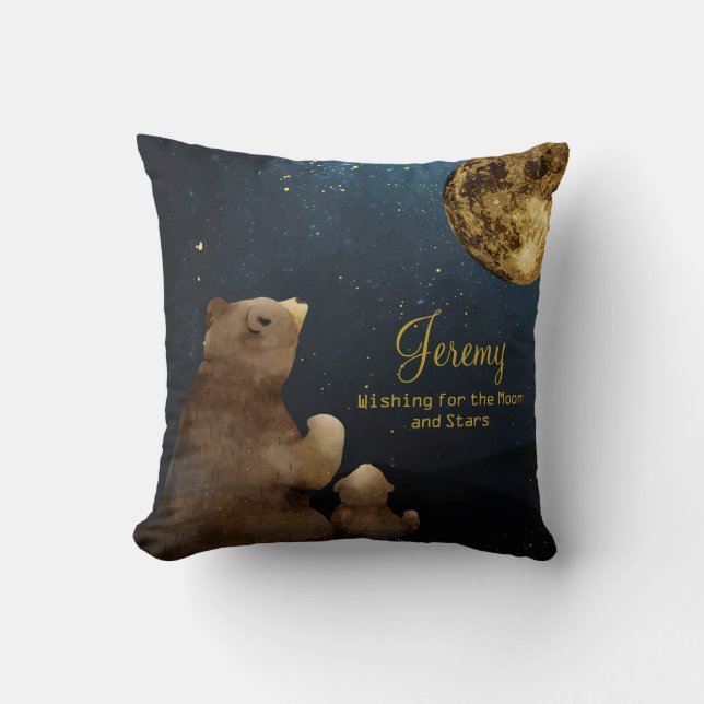 Galaxy Bear Moon & Stars Glitter Monogrammed Cute Throw Pillow (Front)
