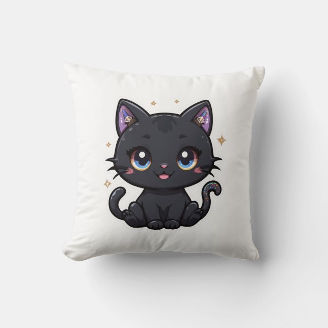Galaxy Black Cat Kawaii Celestial Kitty Cushion  (Front)