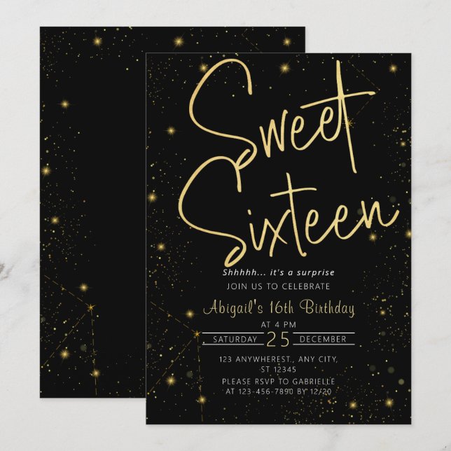 Galaxy Black Gold Sweet 16th Birthday Party Invitation (Front/Back)